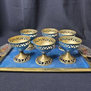 Oppenheim 6 Blue Enamel Brass Goblet Chalices and Serving Tray Vintage Israel